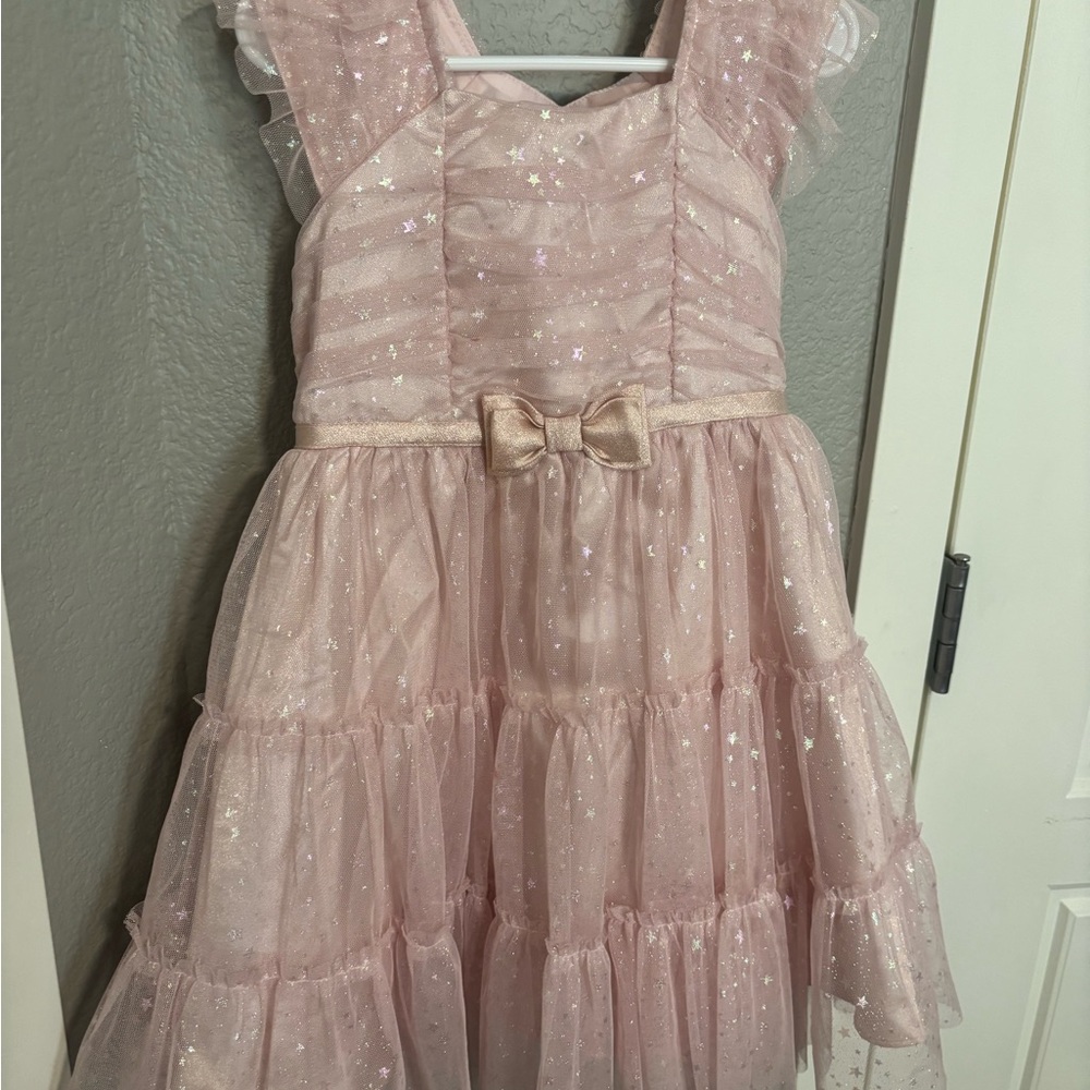 Jona Michelle Pale Pink Sparkle Tulle Dress with Satin Bow Accent